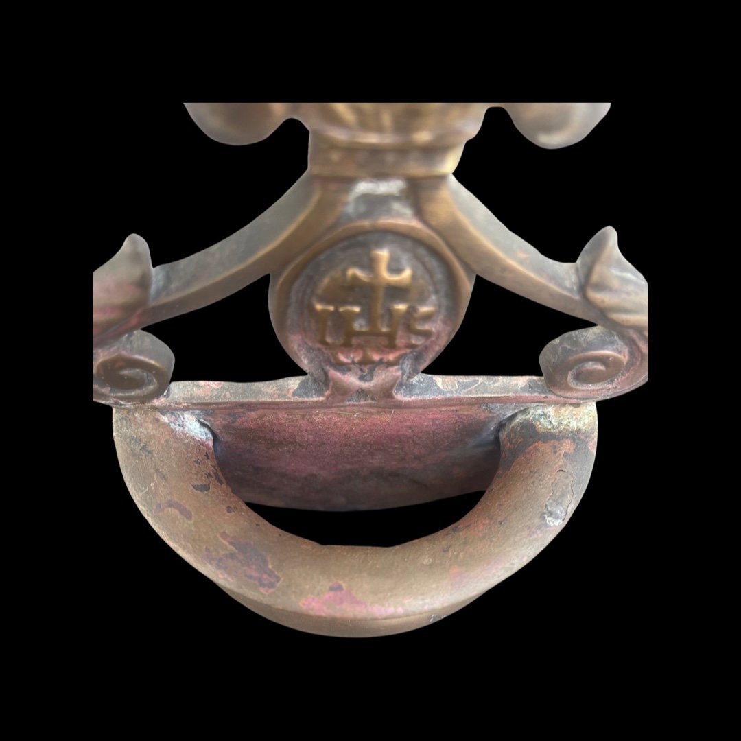 Bronze Stoup With Basin With Everted Edge, Curl Handles, Putto And Bernardinian Symbol.-photo-1