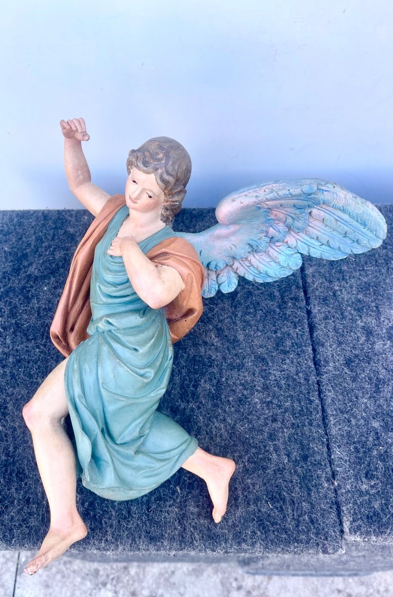 Pair Of Full-figure Polychrome Angels In Carved And Painted Wood. Glass Eyes. Liguria. -photo-4