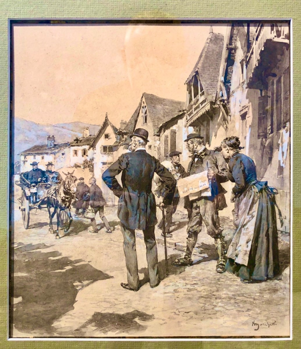 Peinture à La Détrempe Sur Papier Représentant Une Scène De Village. Ludovico Marchetti-photo-4