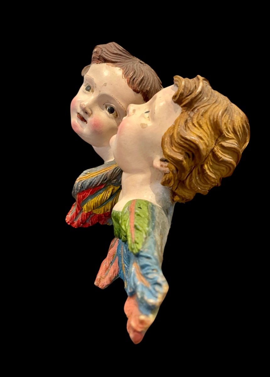 Pair Of Cherub Angels In Carved And Painted Wood. Liguria. -photo-4