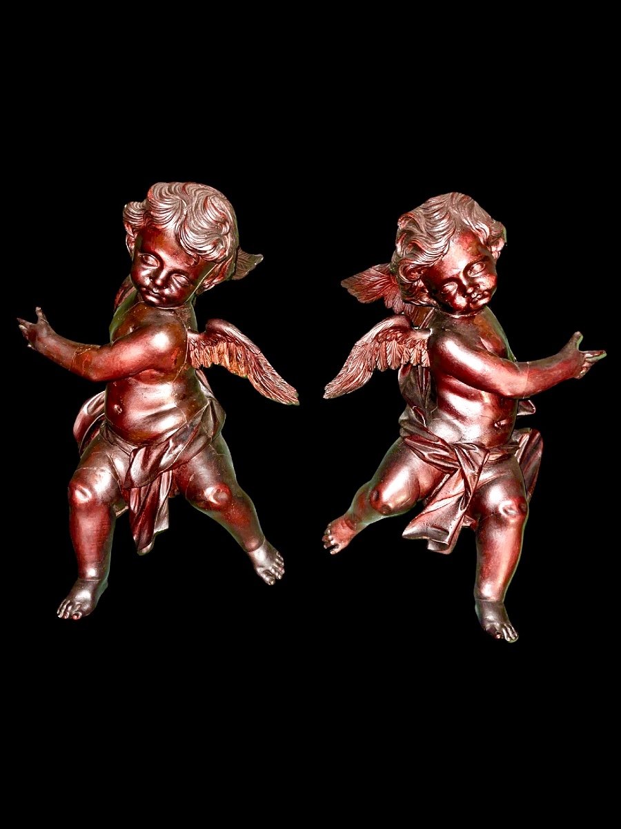 Pair Of Full-length Angels In Carved Wood, Not Painted, To Hang On The Wall. Liguria. 