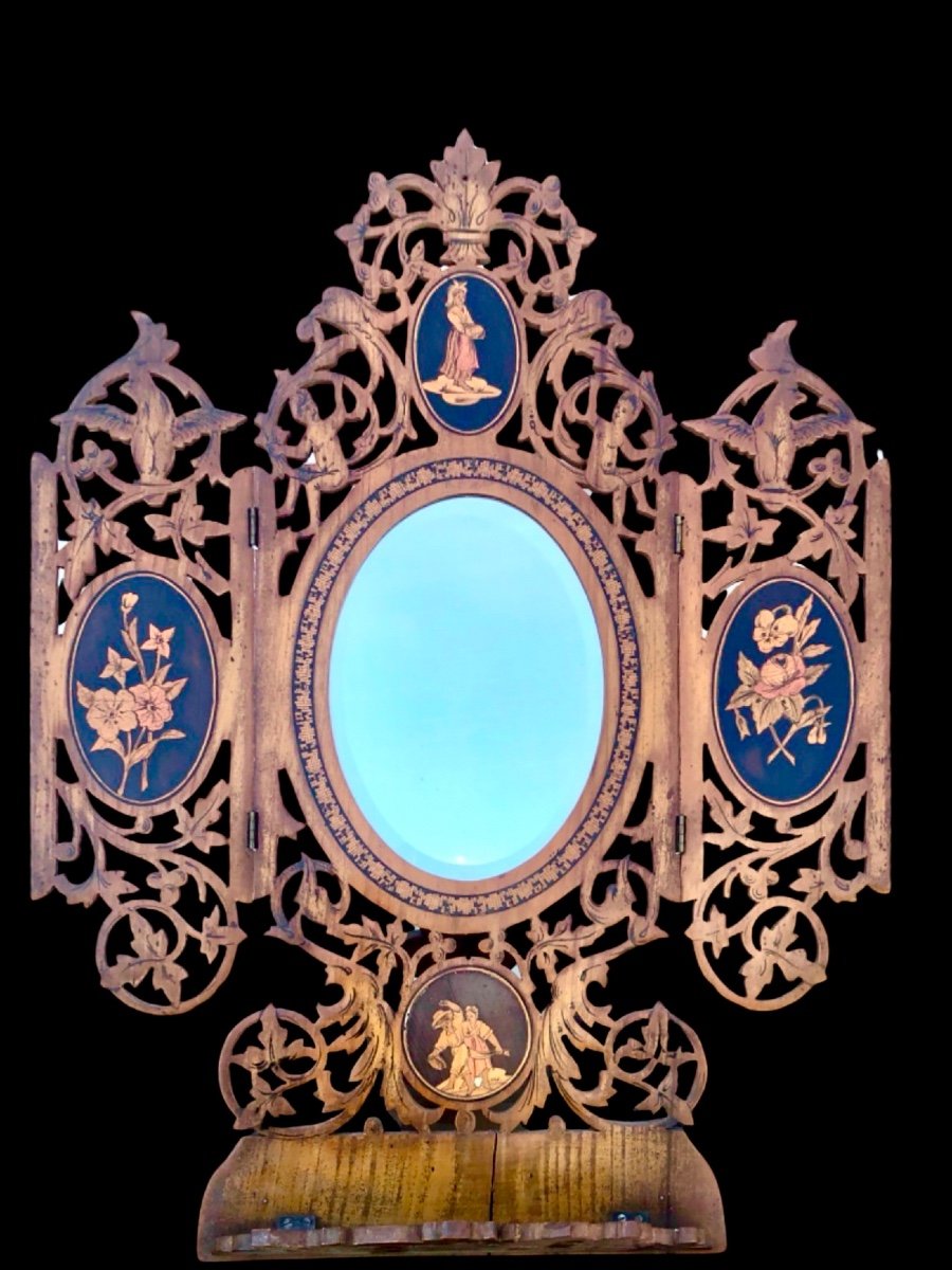 Travel Mirror With Two Foldable Doors In Perforated Wood Inlaid With Oval Medallions 