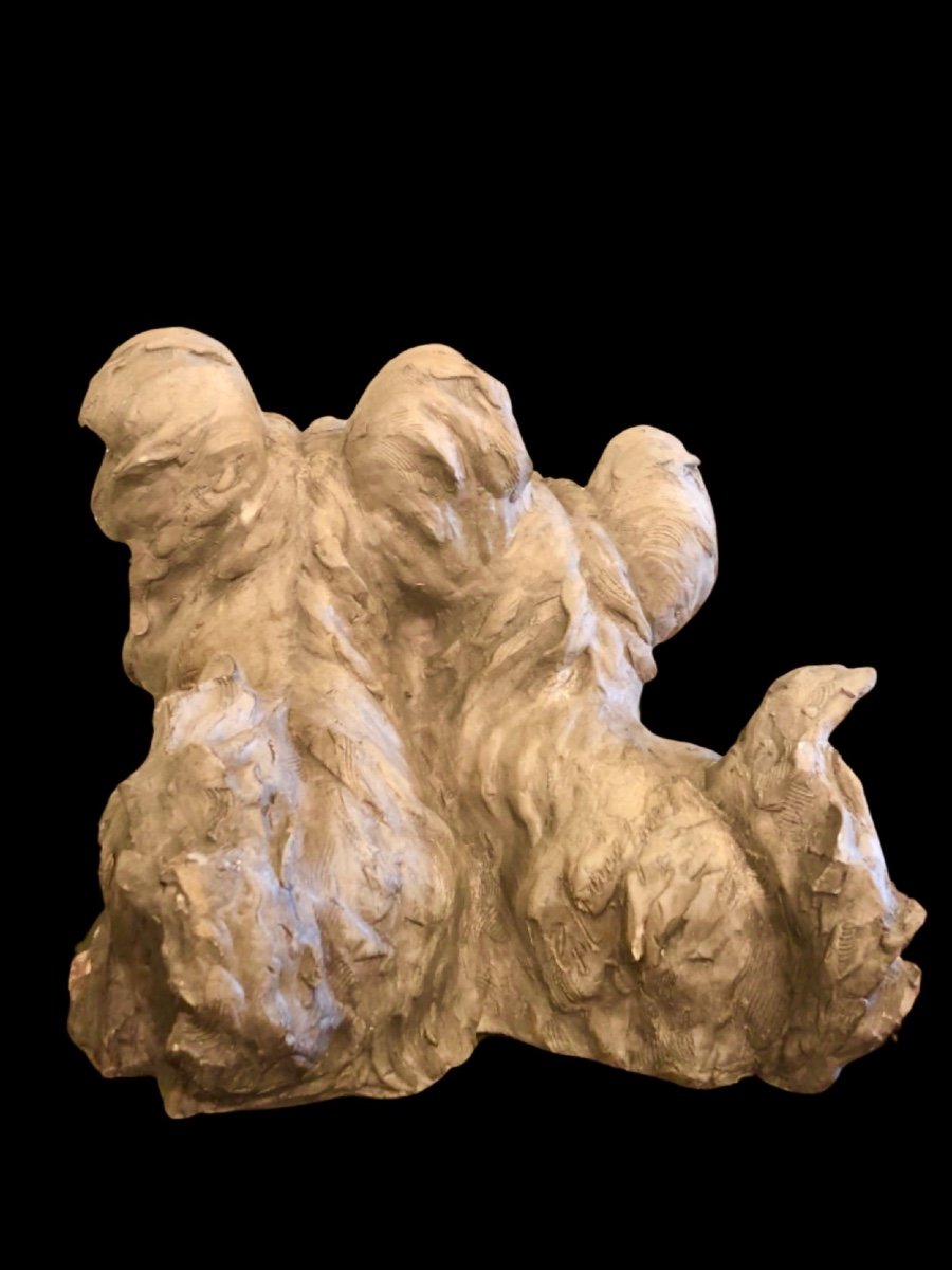 Sculpture Depicting A Pair Of Terracotta Dogs With Wooden Base. Cacciapuoti Manufacture-photo-1