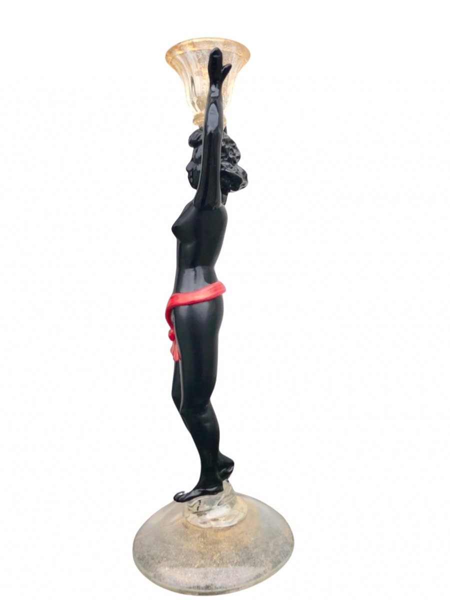 Blown Glass Candlestick With Polychrome Neoclassical Female Figure And Gold Leaf.emilio Nason -photo-3