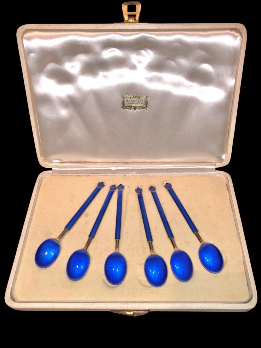 Set Of Teaspoons In Vermeille Silver And Enamel. Norway. High Purity Silver (925). -photo-2