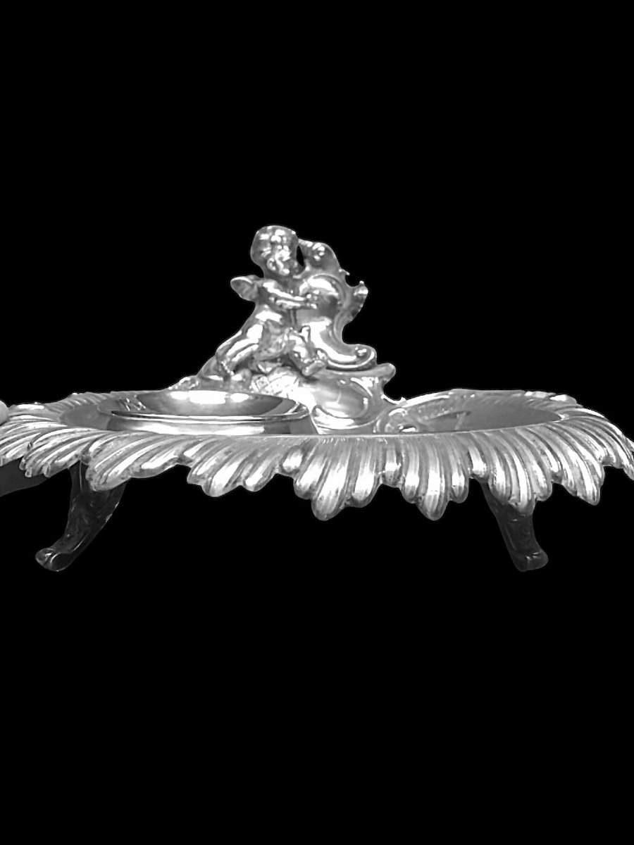 Silver And Crystal Inkwell With Engraved Floral And Rocaille Motifs And A Writing Angel. -photo-1