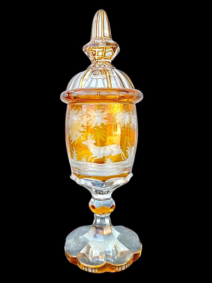 Large Glass With Cover In Layered And Ground Bohemian Glass With Hunting Scenes. 