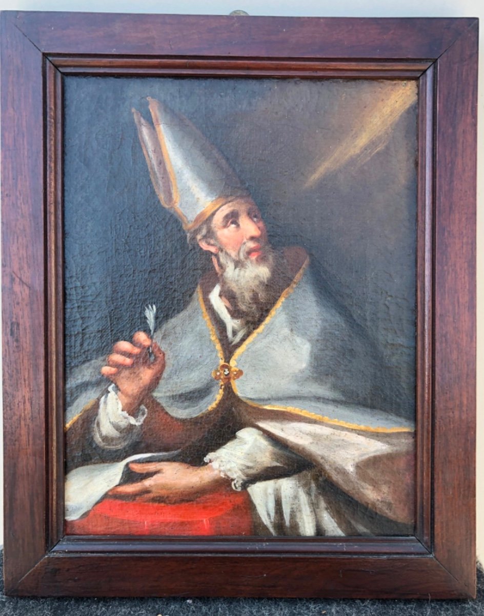 Proantic: Oil Painting On Canvas Depicting A Bishop With Miter And Pen