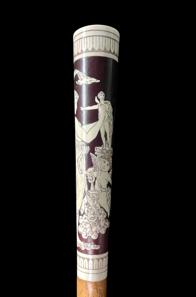 Stick With Long Ivory Knob Engraved And Painted With A Neoclassical Scene -photo-3