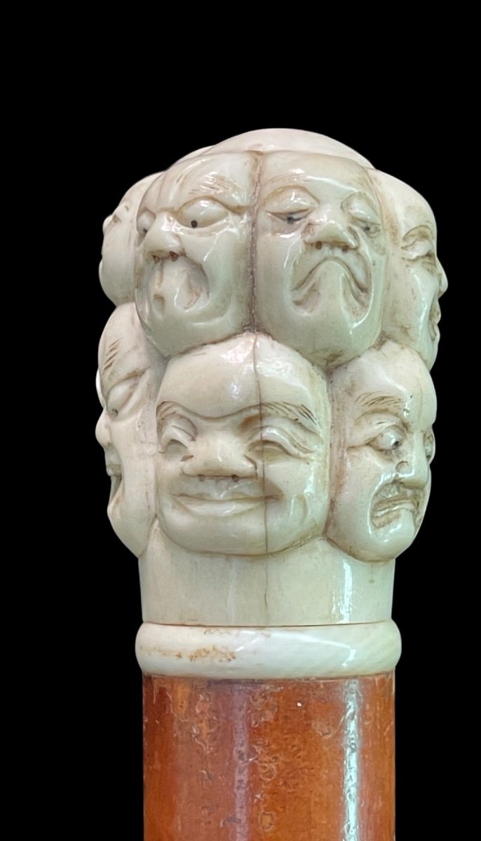 Stick With Ivory Knob Carved In The Round With Masks From The Commedia Dell'arte. -photo-2