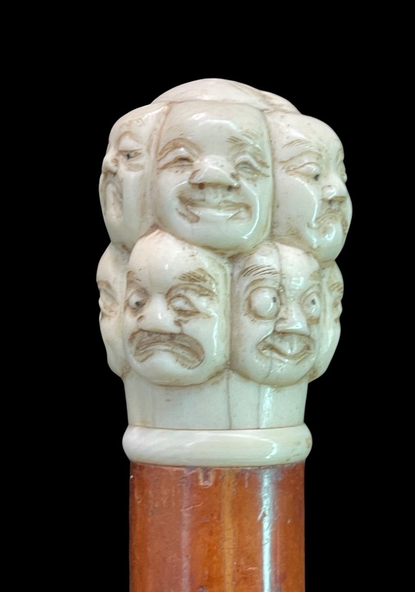 Stick With Ivory Knob Carved In The Round With Masks From The Commedia Dell'arte. -photo-3