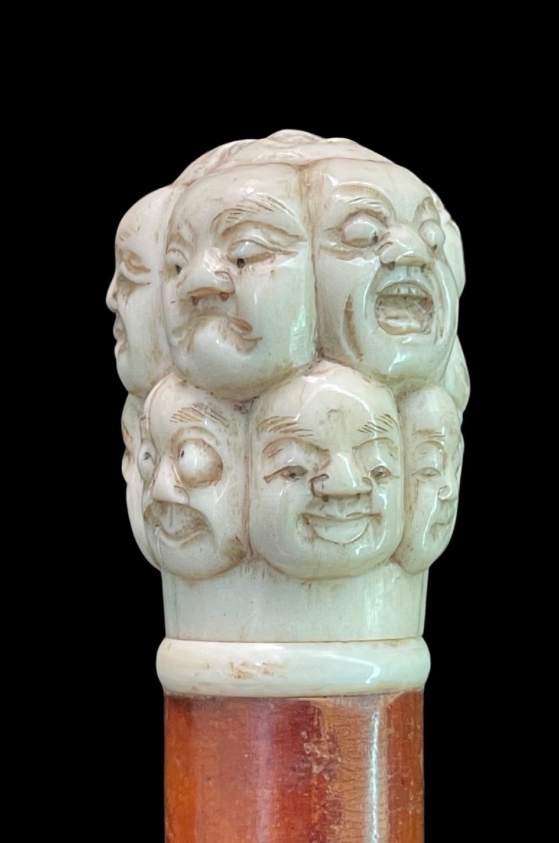 Stick With Ivory Knob Carved In The Round With Masks From The Commedia Dell'arte. -photo-4