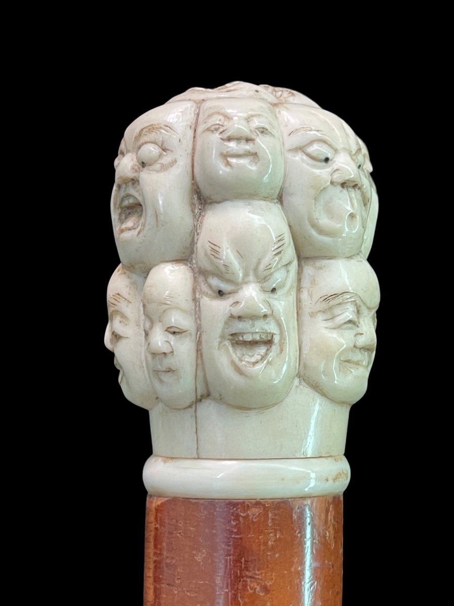 Stick With Ivory Knob Carved In The Round With Masks From The Commedia Dell'arte. 