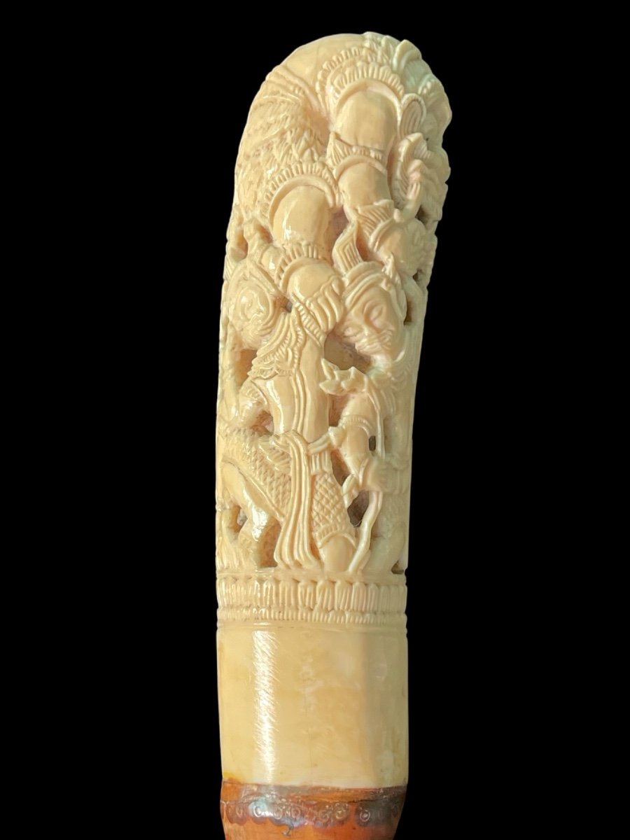 Stick With Pierced Ivory Knob With Characters And Plant Motifs, Bamboo Cane. -photo-3