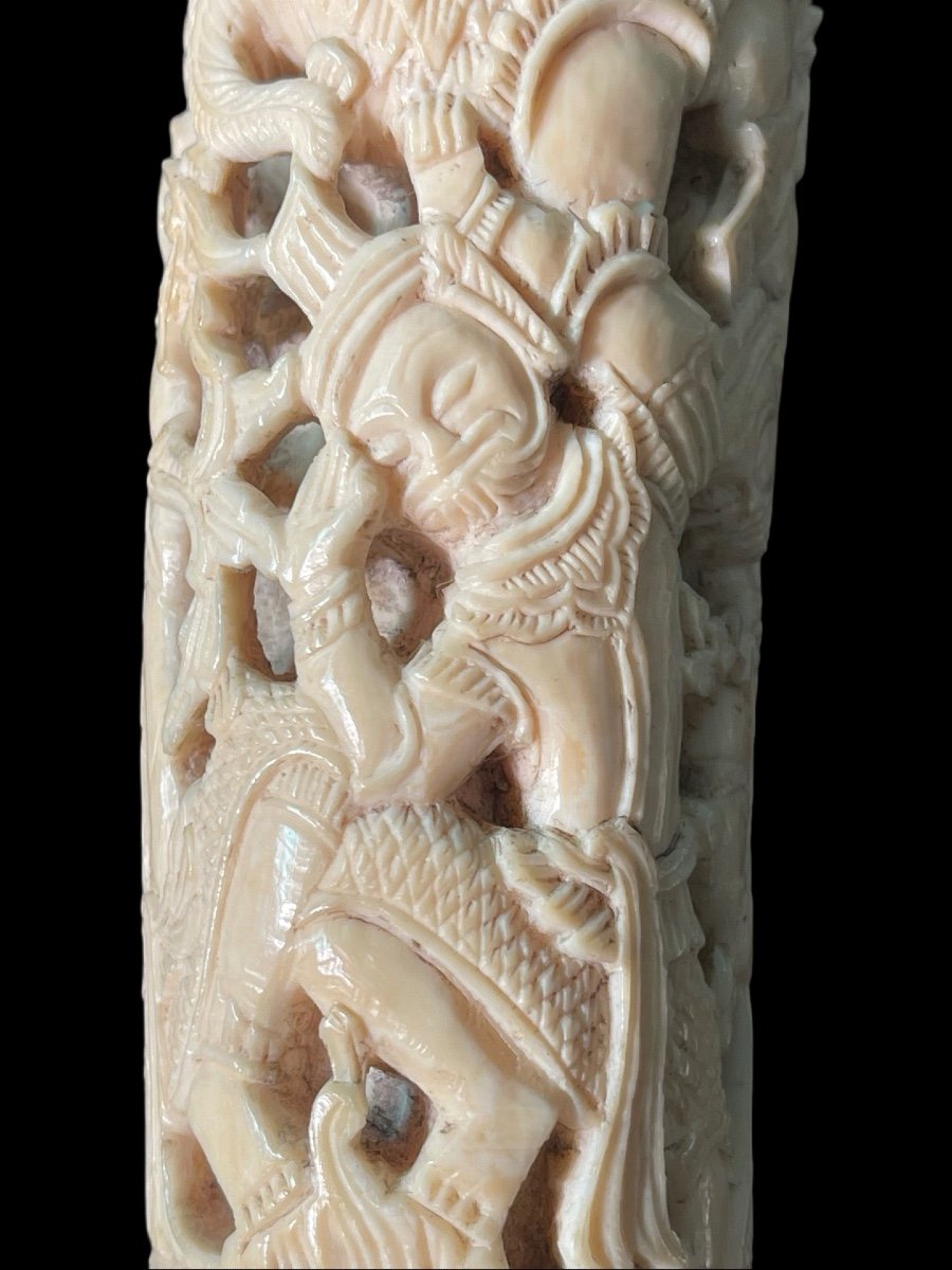 Stick With Pierced Ivory Knob With Characters And Plant Motifs, Bamboo Cane. -photo-3