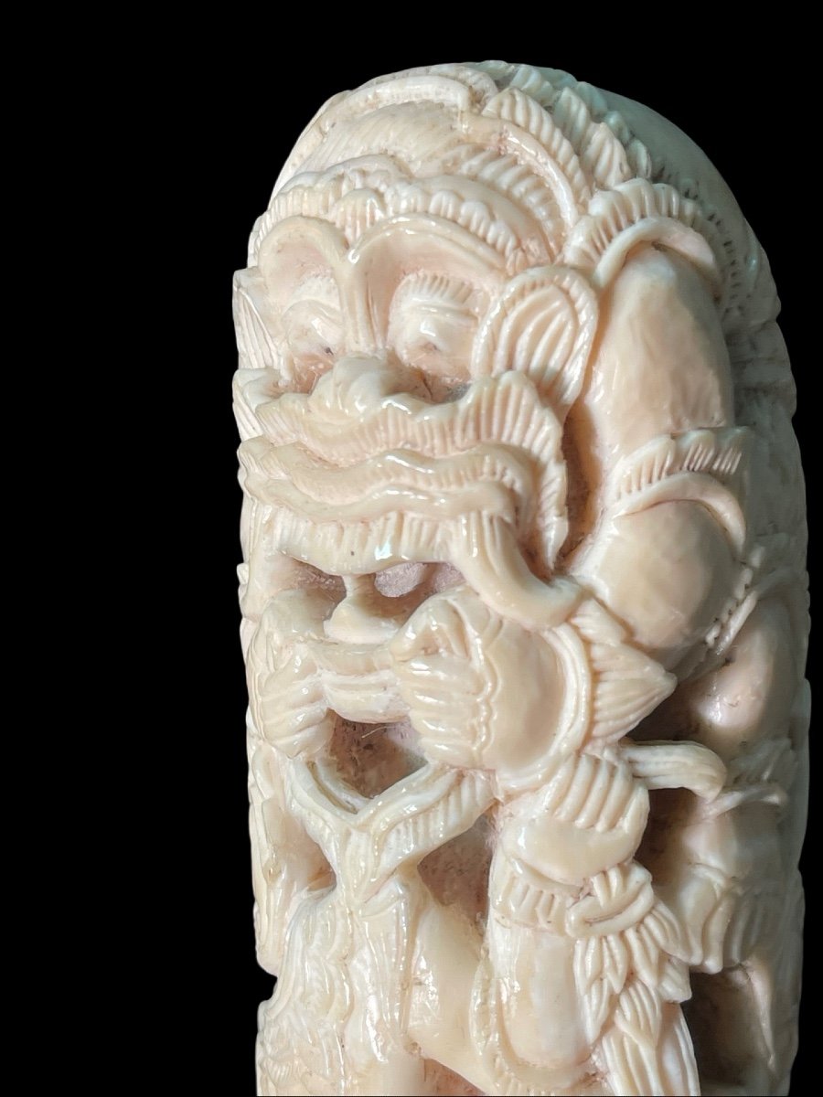 Stick With Pierced Ivory Knob With Characters And Plant Motifs, Bamboo Cane. -photo-4