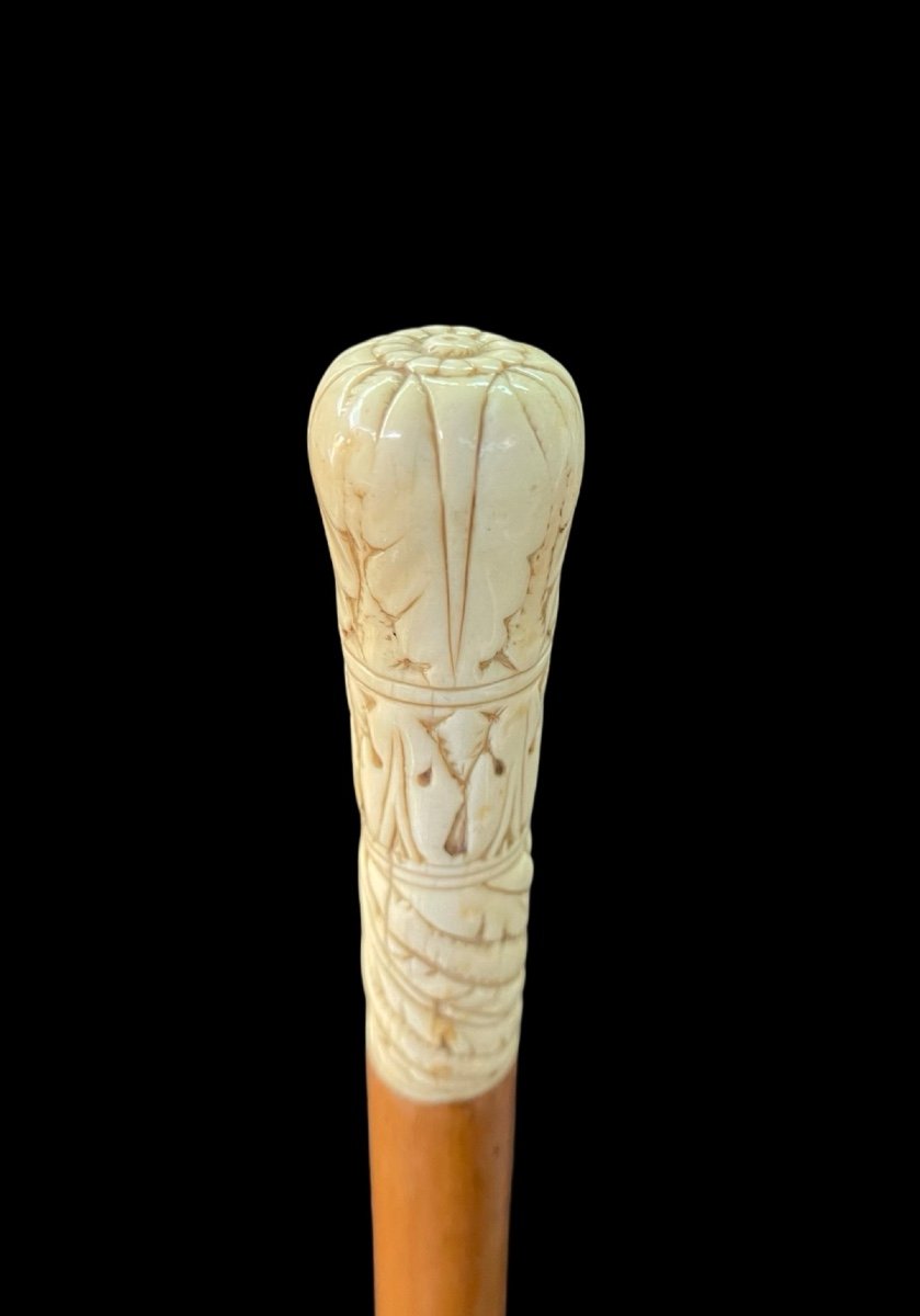 Walking Stick With Globular Ivory Knob Engraved With Stylised Plant Motifs. -photo-2