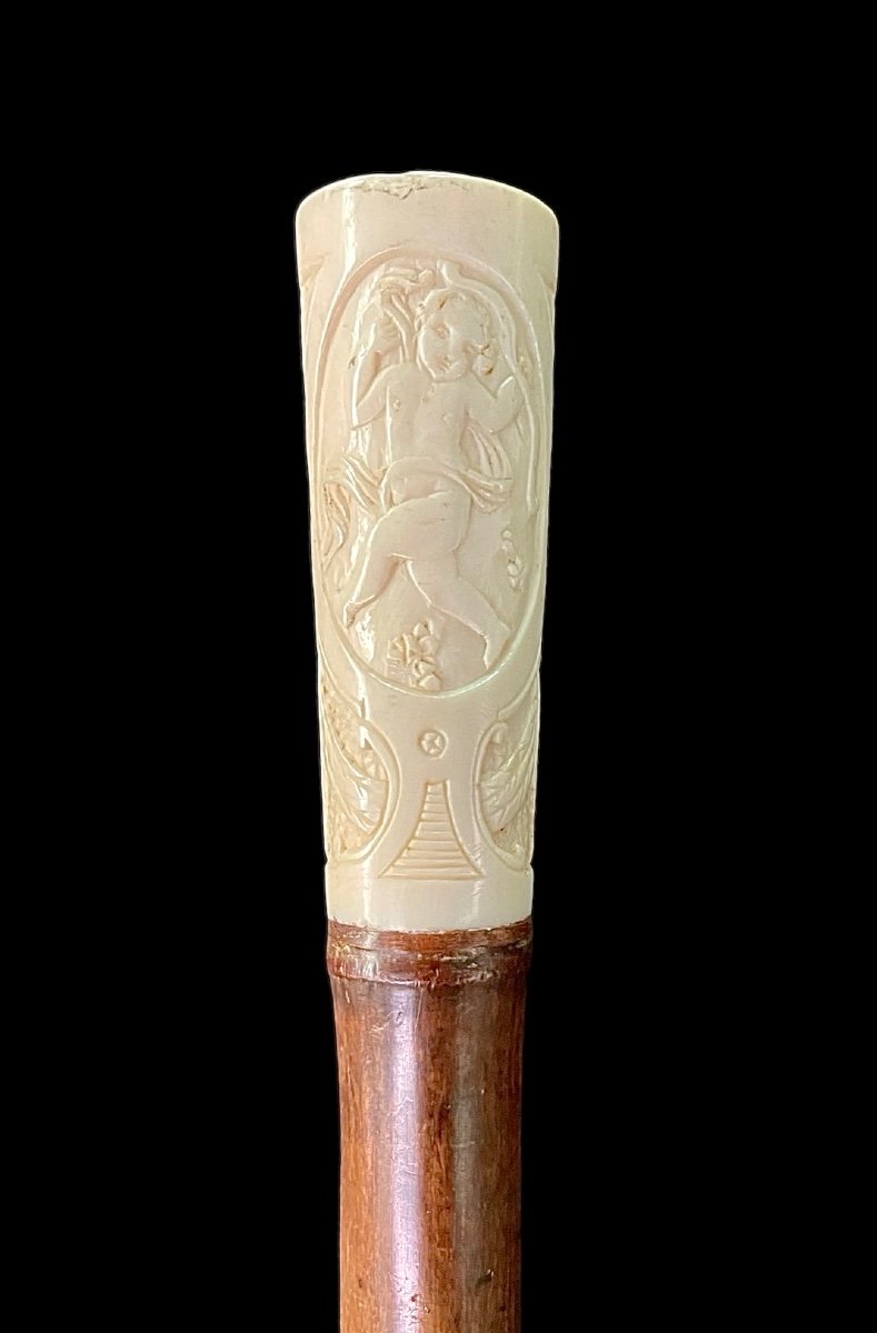 Walking Stick With Ivory ‘plume’ Knob With Cherubs Engraved Within Three Ovals With Stylised -photo-3