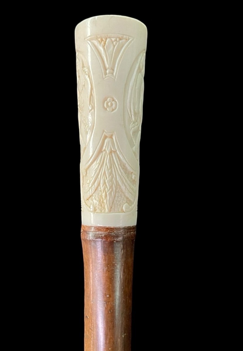 Walking Stick With Ivory ‘plume’ Knob With Cherubs Engraved Within Three Ovals With Stylised -photo-4