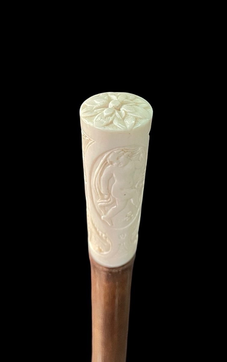 Walking Stick With Ivory ‘plume’ Knob With Cherubs Engraved Within Three Ovals With Stylised 