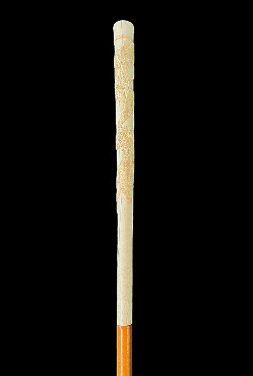 Evening Stick With Ivory Plume Knob Engraved With Lion Figures In Bas-relief. -photo-2