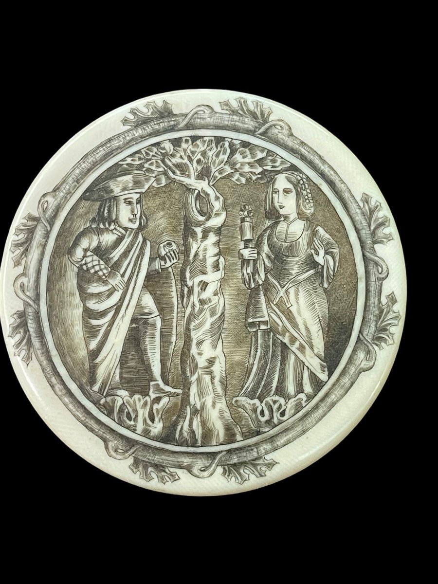 Ivory Box With Lid Engraved With A Gallant Scene. 