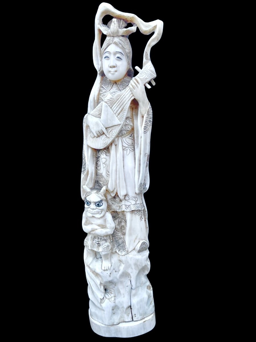 Ivory Okimono Sculpture Depicting A Female Figure With A Musical Instrument And Oni.