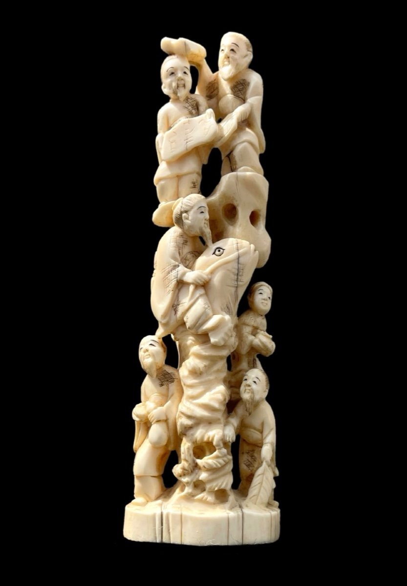 Ivory Okimono Sculpture With Characters And Carp Fish. -photo-3