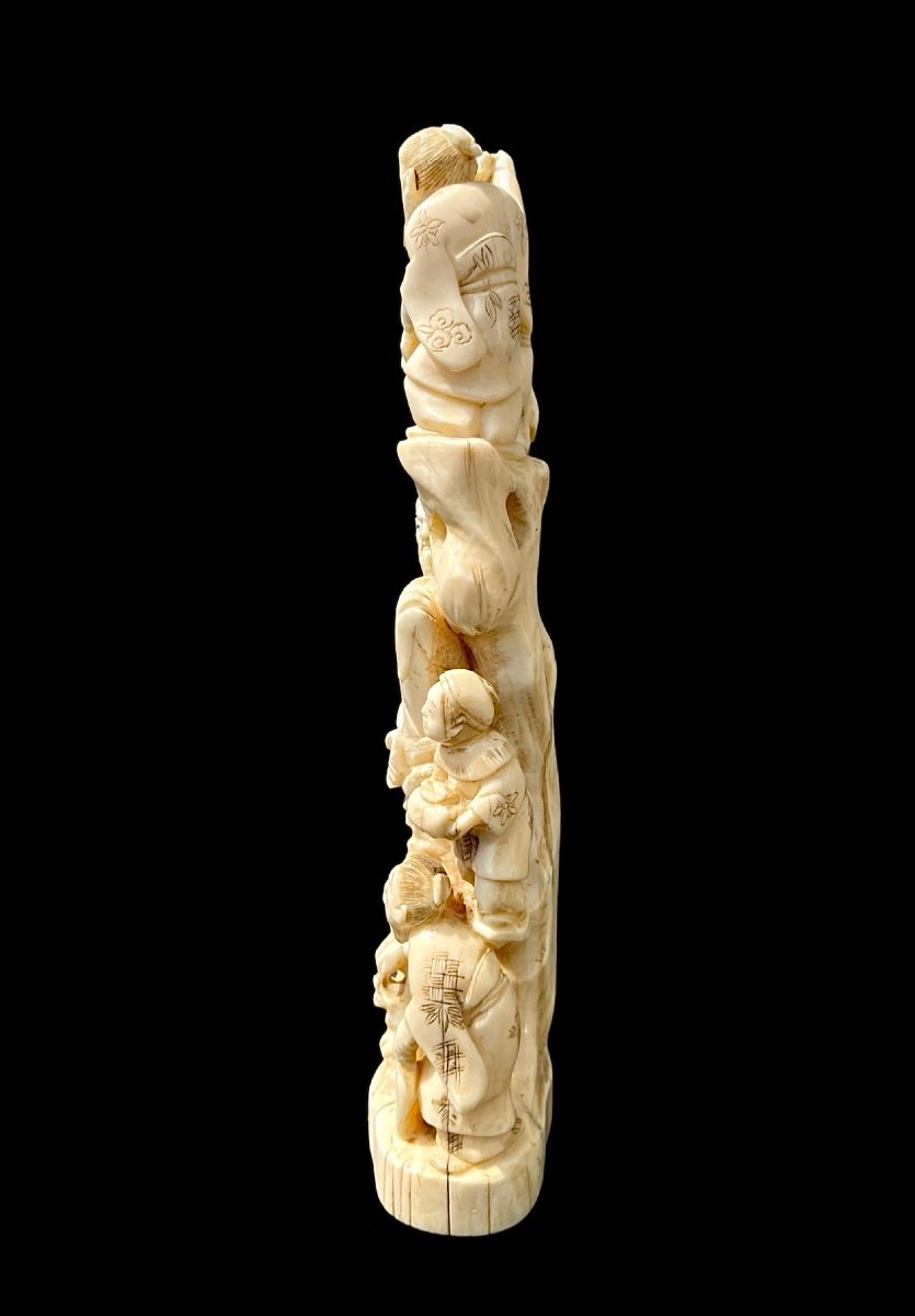 Ivory Okimono Sculpture With Characters And Carp Fish. -photo-4