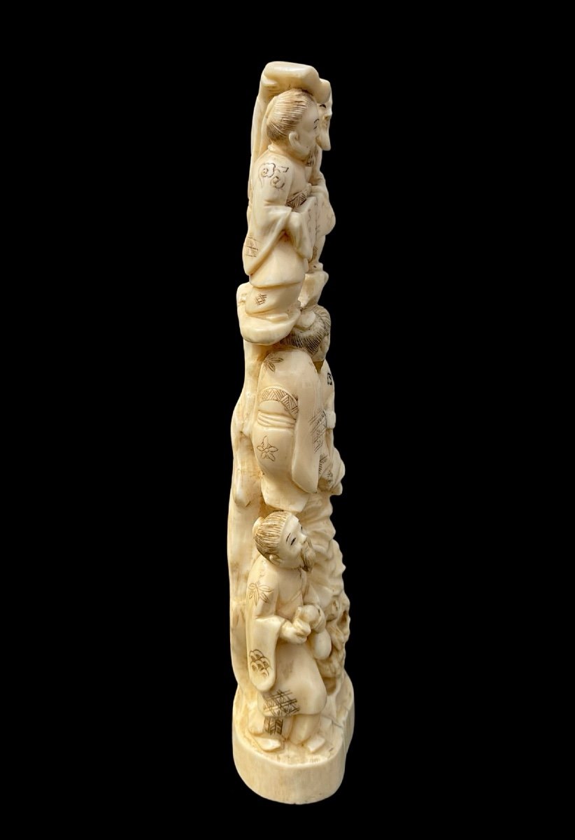 Ivory Okimono Sculpture With Characters And Carp Fish. -photo-2