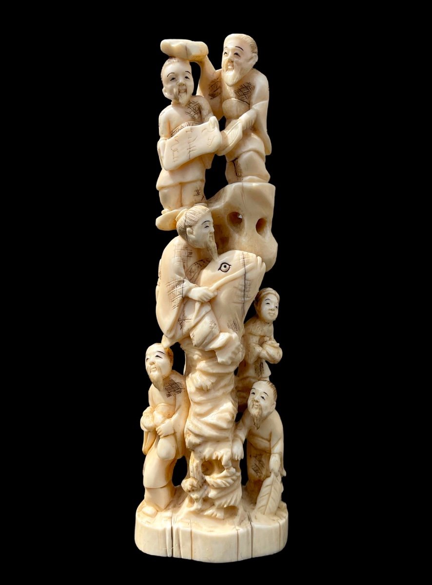 Ivory Okimono Sculpture With Characters And Carp Fish. 