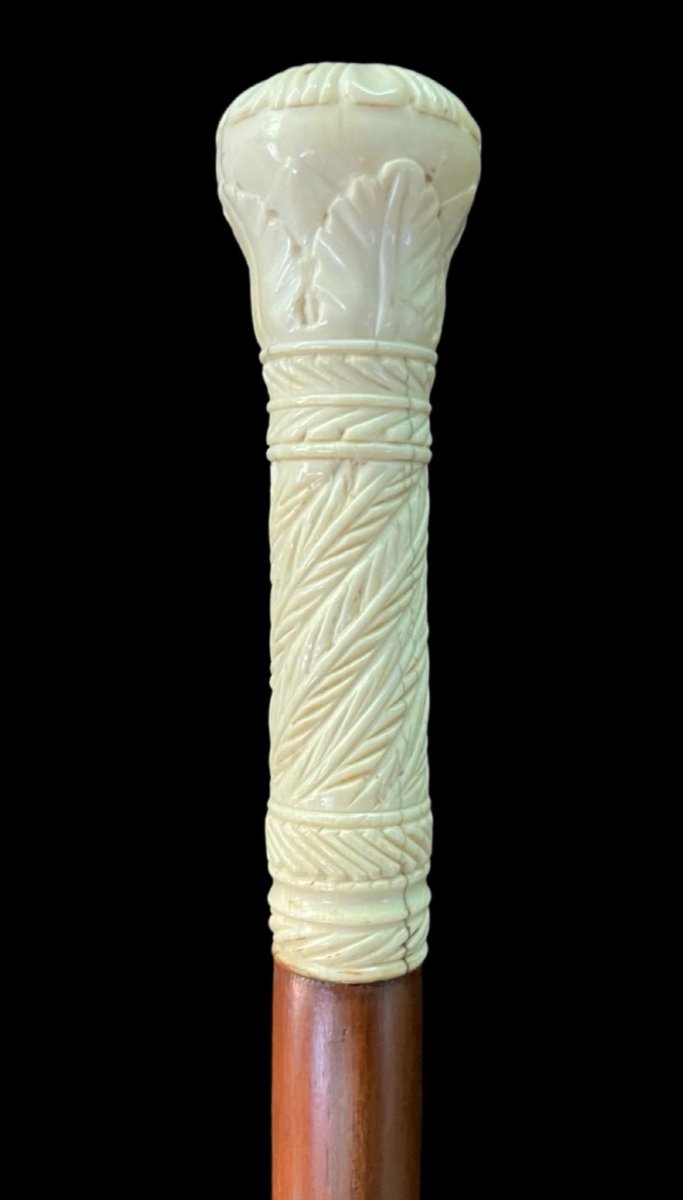 Walking Stick With Globular Knob Engraved With Stylised Plant And Geometric Motifs. -photo-2