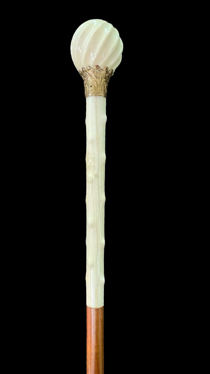 Walking Stick With Ivory Knob With Round Spiral Part And Pointed Shaft. -photo-3