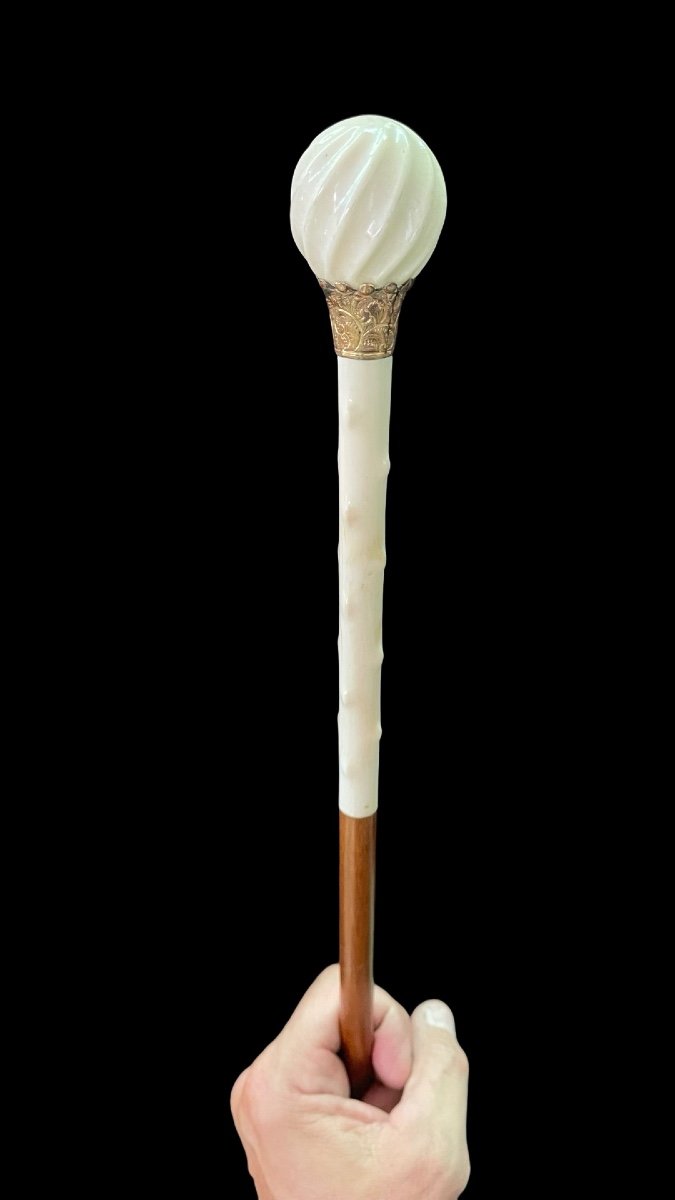 Walking Stick With Ivory Knob With Round Spiral Part And Pointed Shaft. 