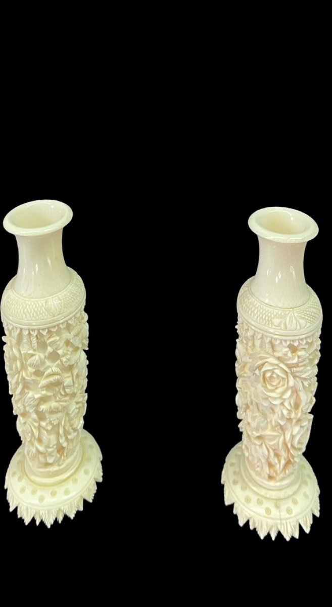 Pair Of Ivory Vases With Floral Decoration In Bas-relief. -photo-2