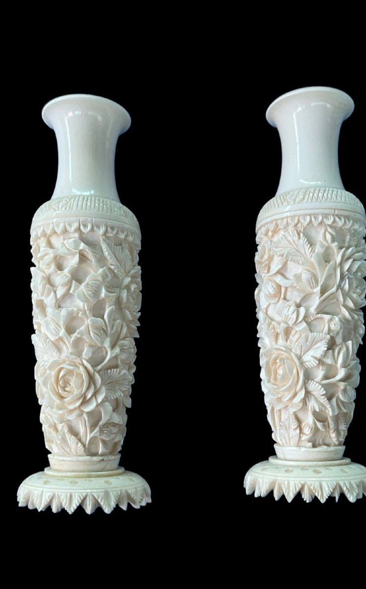 Pair Of Ivory Vases With Floral Decoration In Bas-relief. 