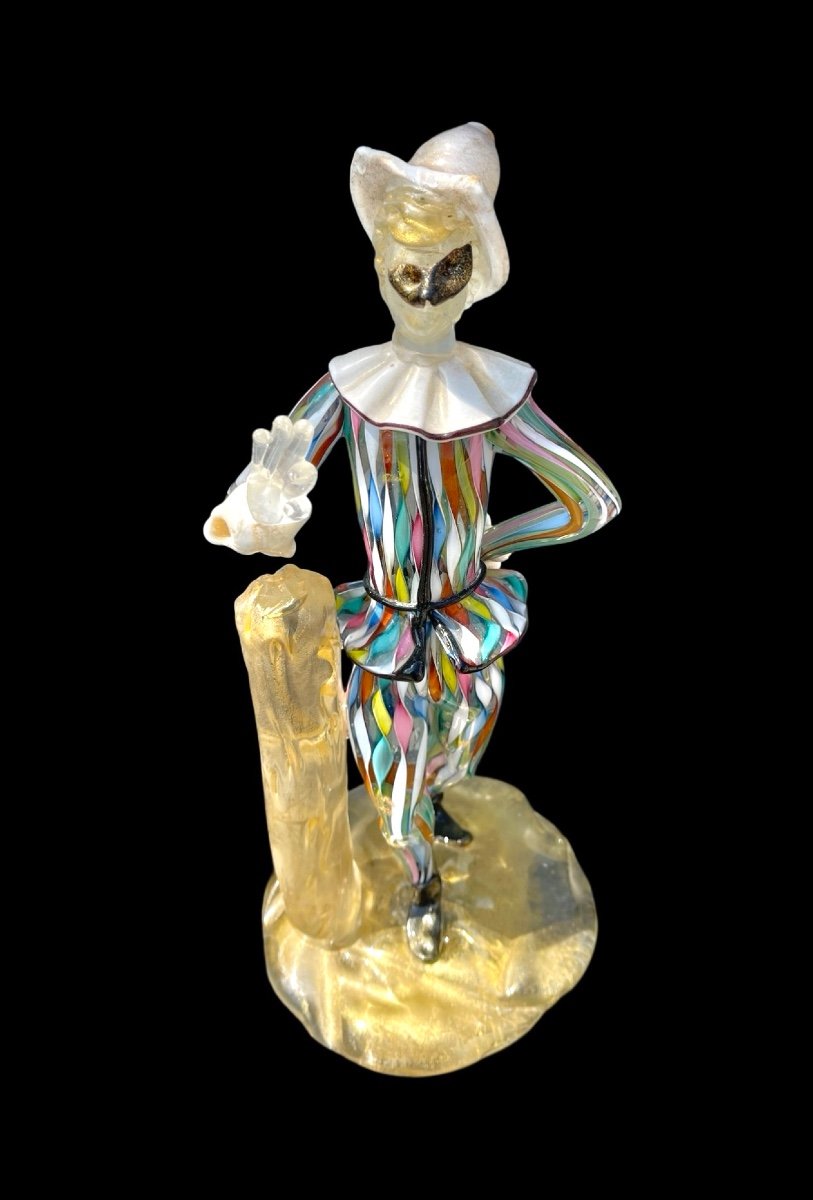 Glass Sculpture ‘harlequin’ In Heavy Glass With Zanfirico Mesh, Lattimo And Gold Inclusions. -photo-2