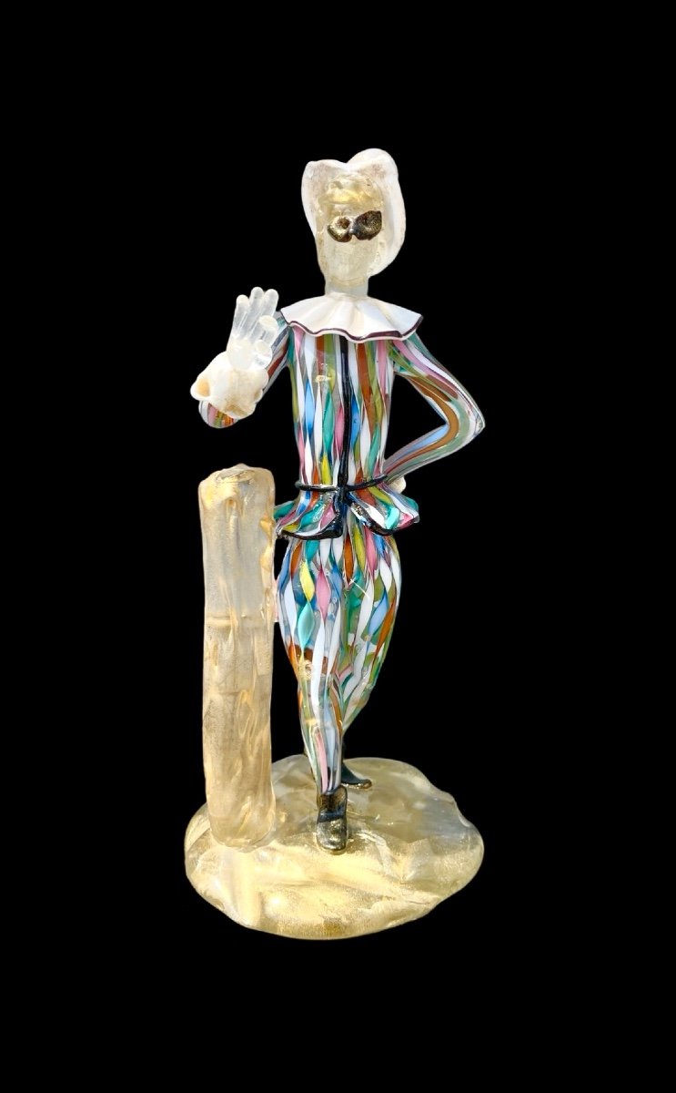 Glass Sculpture ‘harlequin’ In Heavy Glass With Zanfirico Mesh, Lattimo And Gold Inclusions. 