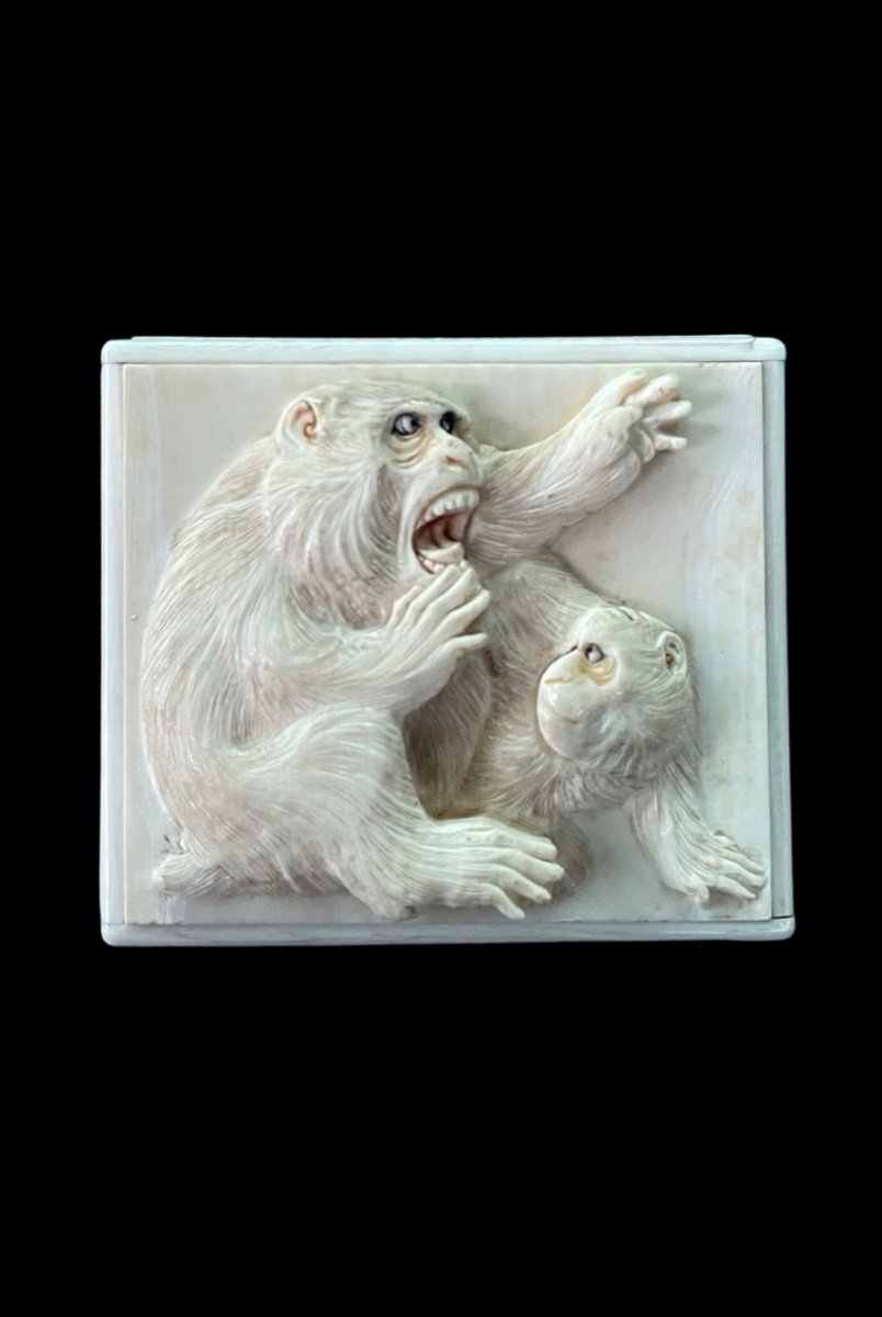 Ivory Box With Lid Engraved With Two Monkeys In High Relief. -photo-2