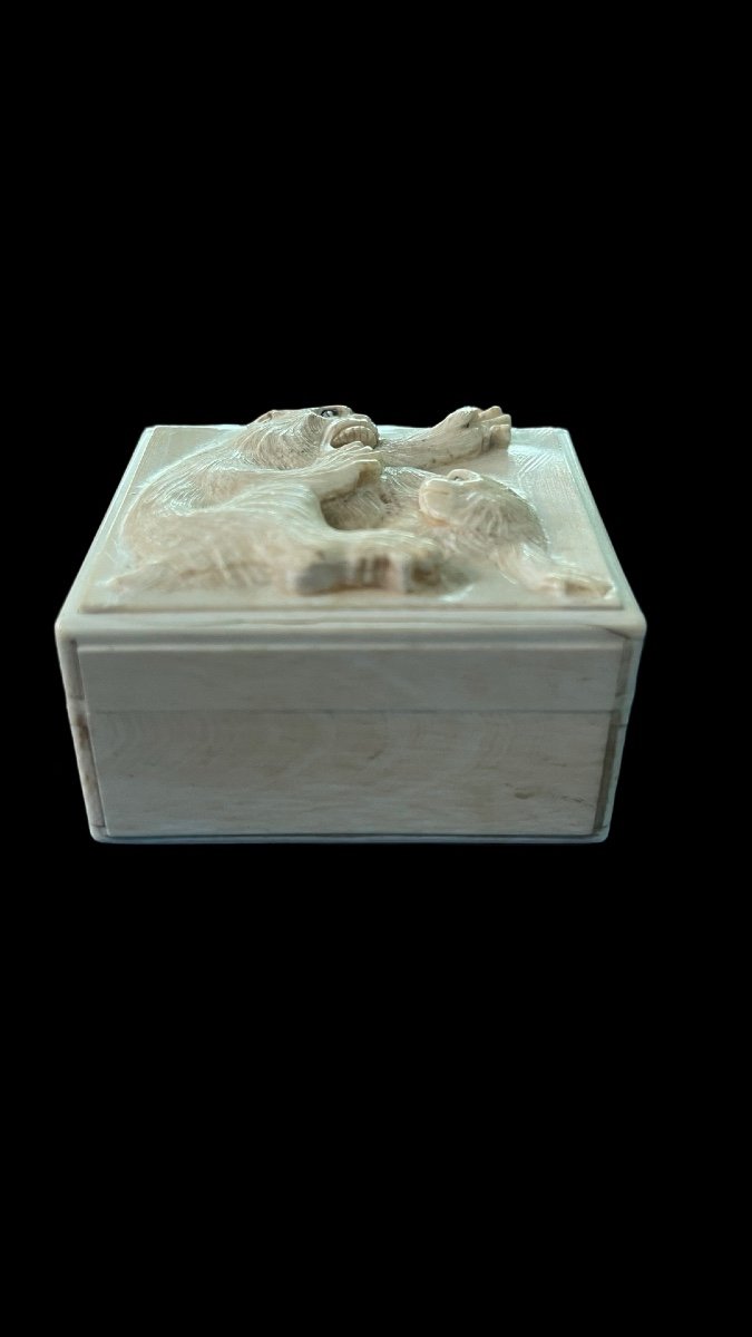 Ivory Box With Lid Engraved With Two Monkeys In High Relief. -photo-3