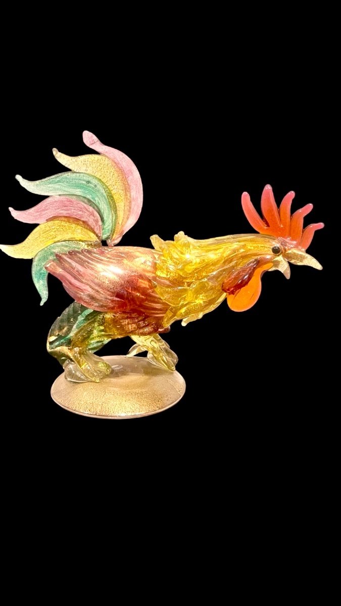 Coq En Verre Polychrome Avec Inserts Dorés.galliano Ferro.murano.