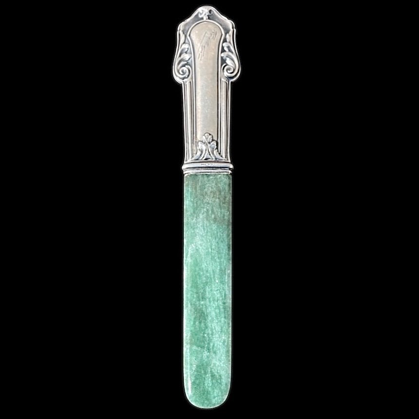 Silver And Jade Letter Opener With Stylised Art Nouveau Plant Motif Decoration. Italy. 