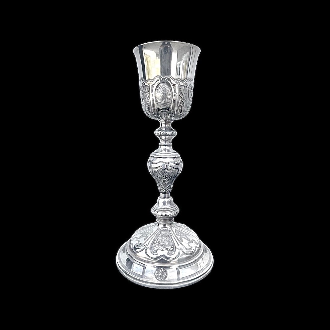 Embossed Silver Chalice With Globular Stem And Decoration With Religious And Plant Motifs. -photo-2