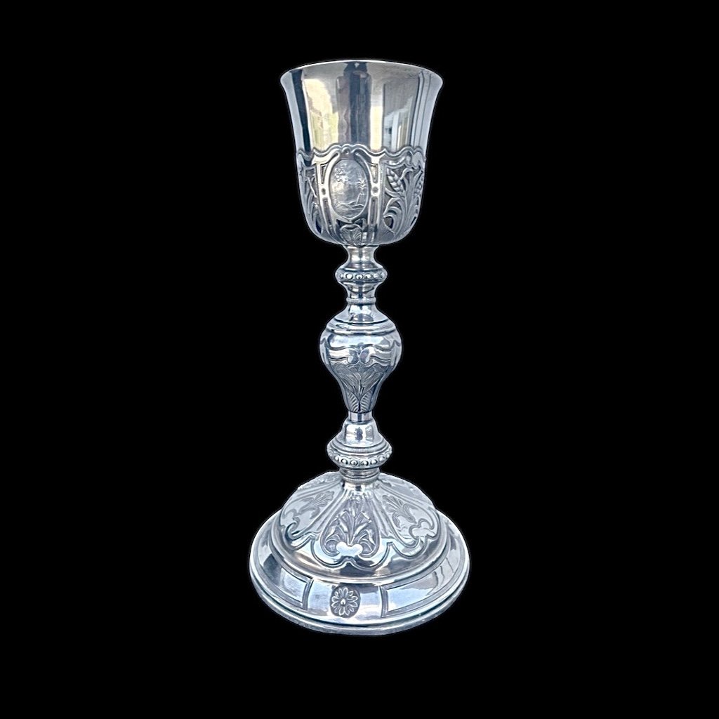 Embossed Silver Chalice With Globular Stem And Decoration With Religious And Plant Motifs. -photo-3