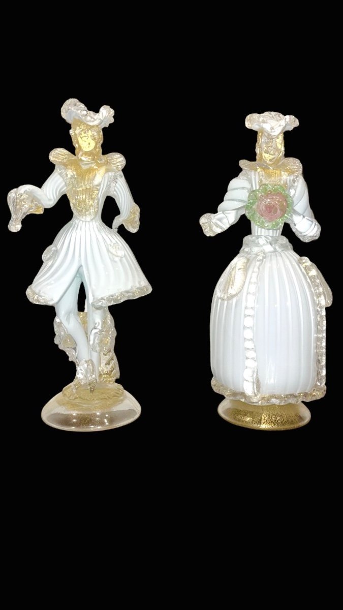 Male And Female Couple - Goldonian Masks In Glass With Gold Leaf And Milk Glass.