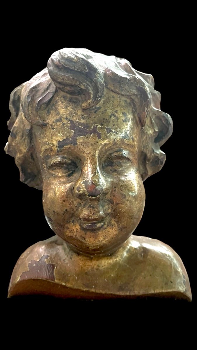 Bust Of A Child In Carved And Gilded Wood In Mecca Mounted On A Wooden Base. -photo-4