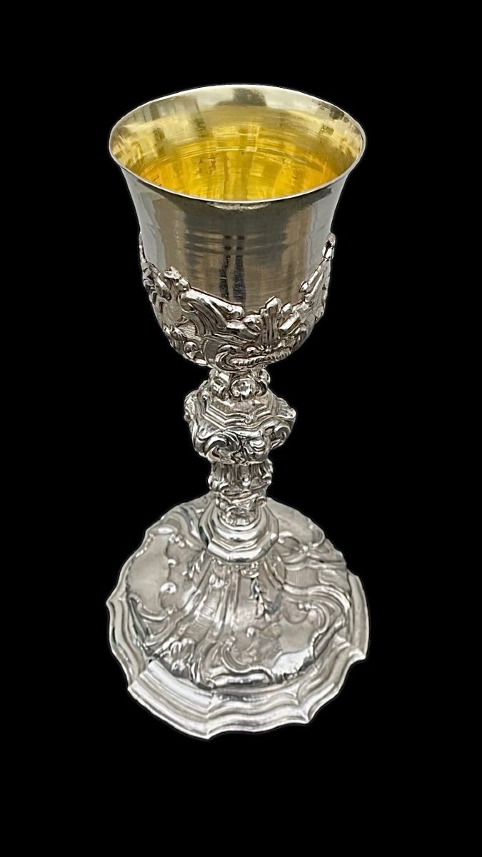 Embossed Silver Chalice With Tapered Globular Body Decorated With Rocaille Motifs And Cherubs-photo-2