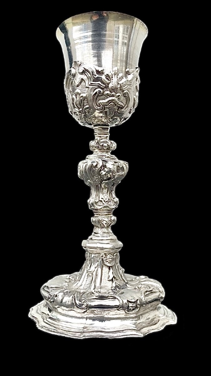 Embossed Silver Chalice With Tapered Globular Body Decorated With Rocaille Motifs And Cherubs-photo-3