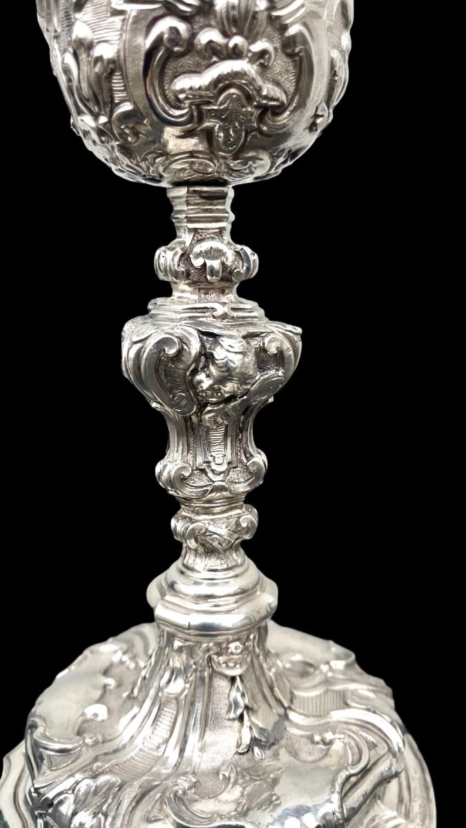 Embossed Silver Chalice With Tapered Globular Body Decorated With Rocaille Motifs And Cherubs-photo-4