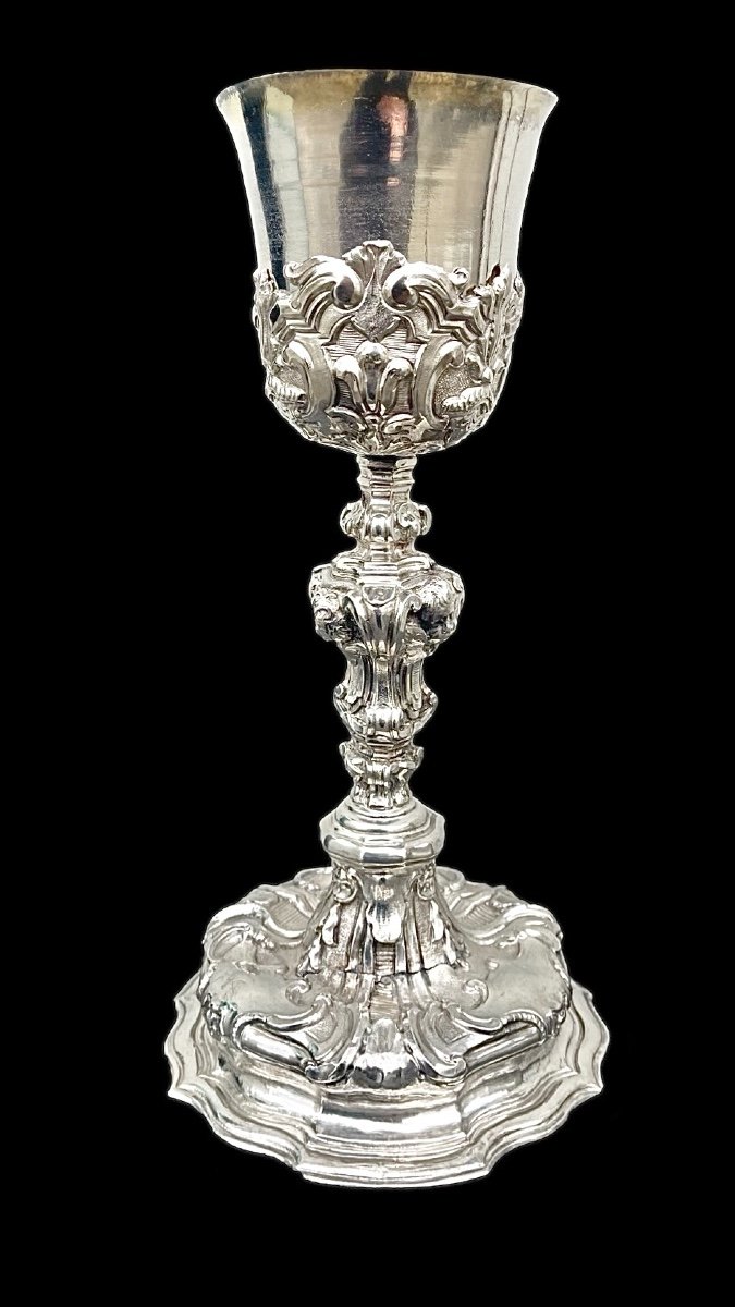 Embossed Silver Chalice With Tapered Globular Body Decorated With Rocaille Motifs And Cherubs-photo-2